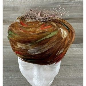 1950s VTG Feather Turban Hat by Mr. Michael Exclusive Satin Bow Multicolor Retro